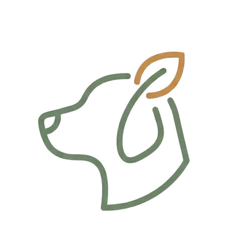 A minimalist line art icon of a dog's head in profile, with a muted green outline and a small warm orange accent on the ear, centered on a light cream background.